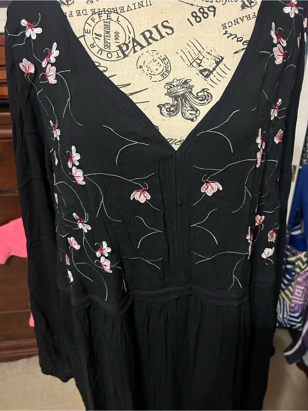 Avenue Black Long Sleeve Dress with Pink & White Floral Embroidery